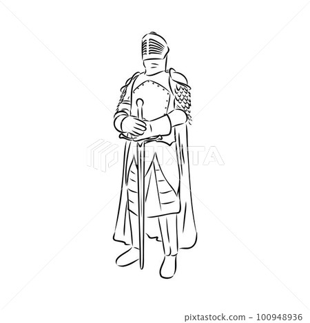 Knight armour engraving vector illustration. Scratch board style imitation. Black and white hand drawn image. 100948936