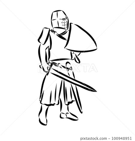 Knight armour engraving vector illustration. Scratch board style imitation. Black and white hand drawn image. Knight armour engraving vector illustration. Scratch board style imitation. Black and white hand drawn image. 100948951