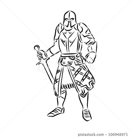 Knight armour engraving vector illustration. Scratch board style imitation. Black and white hand drawn image. Knight armour engraving vector illustration. Scratch board style imitation. Black and white hand drawn image. 100948971