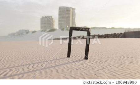 Empty wooden picture frame on the beach sand 100948990