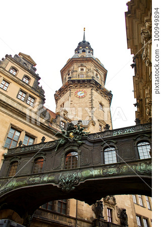 Saxon architecture in Dresden. Above-ground passage between two buildings Saxon architecture in Dresden. Above-ground passage between two buildings 100949894