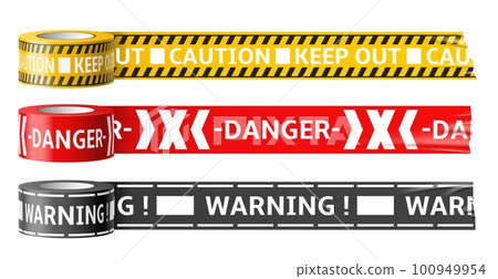 Warning sticky tapes. Realistic mounting film with danger labels, accident place, enclosing menace notification strips, yellow black and red lines. Zone restricted boundary utter vector set Warning sticky tapes. Realistic mounting film with danger labels, accident place, enclosing menace notification strips, yellow black and red lines. Zone restricted boundary utter vector set 100949954