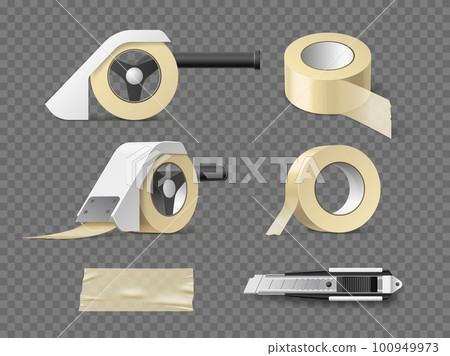 Realistic sticky tape with holder. Yellow self adhesive paper mounting tapes different angles view, various devices, mockup knife, roll fastener, 3d delivery packaging, utter vector set 100949973