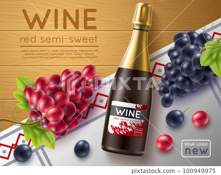 Realistic red wine with grape poster. Noble alcoholic drink in glass bottle, several varieties mix on wooden background, 3d isolated elements, promotional banner template, utter vector concept 100949975