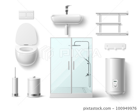 Realistic bathroom elements. 3d plumbing objects, white porcelain sink and toilet, shower cabin, boiler, heated towel rail, wc interior isolated lavatory room hygienic ceramic utter vector set 100949976