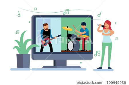Online home concert, people play on self isolation. Musical group on computer screen, guitarist and drummer, girl sings karaoke. Virtual performance. Cartoon flat illustration. Vector concept Online home concert, people play on self isolation. Musical group on computer screen, guitarist and drummer, girl sings karaoke. Virtual performance. Cartoon flat illustration. Vector concept 100949986