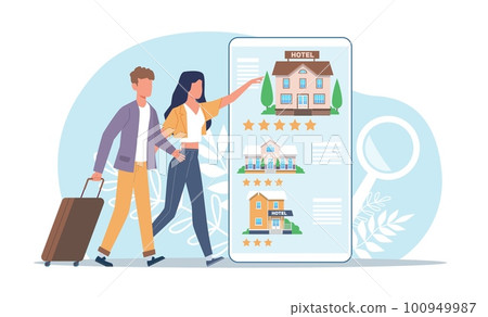 Online booking, couple of tourists with luggage, choose hotels to book. Huge smartphone, reservation app, travel and vacation application, cartoon flat illustration. Vector concept 100949987