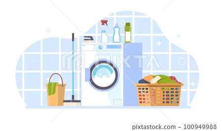 Modern laundry room with washing machine, basket with dirty clothes and different detergents, bucket and mop. Electronic equipment. Cartoon flat illustration, vector housekeeping concept 100949988
