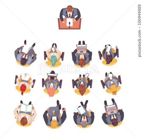 Men and women sitting in seminar or meeting, top view cartoon flat isolated business characters. Office or coworking workplace. People with laptop. Manager and employee. Vector concept 100949989
