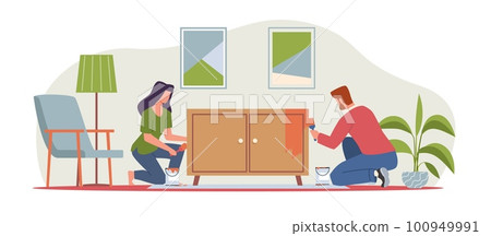 Married couple painting closet, man and woman are renovating and repairing furniture. Moving to a new apartment. Happy family home cozy scene. Cartoon flat illustration. Vector concept Married couple painting closet, man and woman are renovating and repairing furniture. Moving to a new apartment. Happy family home cozy scene. Cartoon flat illustration. Vector concept 100949991