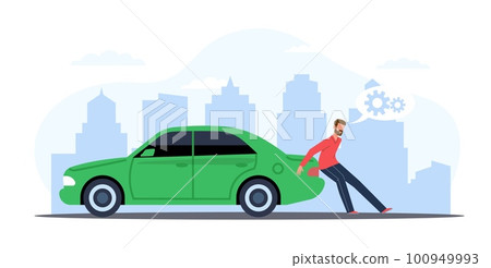 Man is pushing broken car down city road. Vehicle on roadside push to service repairing. Accident with transport, damaged automobile cartoon flat illustration. Vector prevent breakdowns concept 100949993