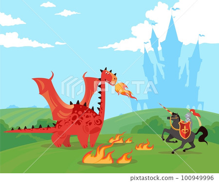 Knight Rider fights huge dragon near castle of ancient kingdom. Warrior in armor with sword, fire-breathing creature. Fairy tale scene. Cute cartoon isolated illustration. Vector concept 100949996
