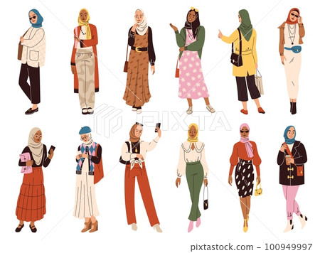 Islamic modern women. Cartoon muslim persons with fashionable clothes and hijab, arabic female wear designs, happy girls with trendy accessories, contemporary characters, tidy vector set Islamic modern women. Cartoon muslim persons with fashionable clothes and hijab, arabic female wear designs, happy girls with trendy accessories, contemporary characters, tidy vector set 100949997