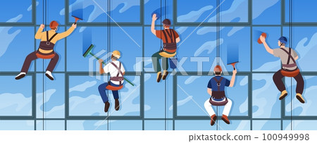 Industrial climbers. Cartoon professionals wash windows of skyscraper at height, safety cables, helmets and fasteners, alpinists hanging. Dangerous profession tidy vector cleaning service concept Industrial climbers. Cartoon professionals wash windows of skyscraper at height, safety cables, helmets and fasteners, alpinists hanging. Dangerous profession tidy vector cleaning service concept 100949998