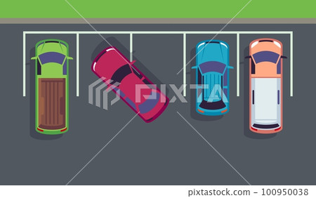 Bad, improper parking of car in parking lot, top view. Traffic rules in city. Colored automobiles. Urban scene. Wrong parked transport. Cartoon flat style isolated illustration. Vector concept Bad, improper parking of car in parking lot, top view. Traffic rules in city. Colored automobiles. Urban scene. Wrong parked transport. Cartoon flat style isolated illustration. Vector concept 100950038