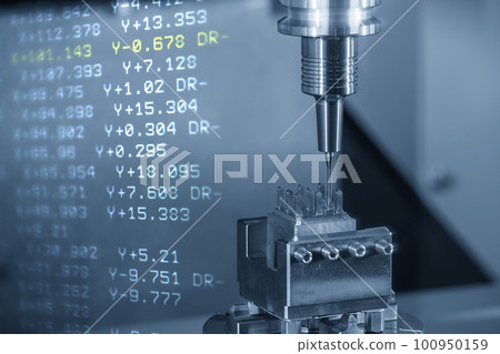 abstract  scene the CNC milling machine cutting the copper electrode parts and G-code data background. 100950159
