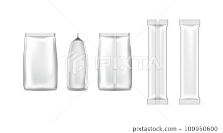 Pasta bag mockup. Plastic package. Blank food pack. White box for chips or coffee. Candy packaging. Front and back view. Sugar sticks. Snack pouch. Foil sachet. isolated product containers set 100950600