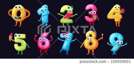 Numbers with smile faces. Cartoon characters. Cute funny math icons. Numeral symbols. Mathematics font. Arithmetic mascots with hands and legs. Emotions and gestures. Vector happy school recent set 100950601