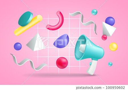 3d megaphone, announcement background, ad render icons. Sound speakerphone, public speaker card, shout on business poster, colorful abstract geometric figures. Vector marketing communication objects 100950602