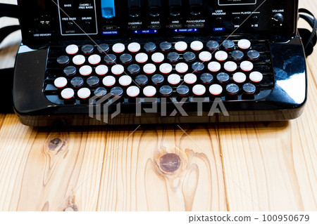 A chromatic button accordion on a solid wood floor A chromatic button accordion on a solid wood floor 100950679