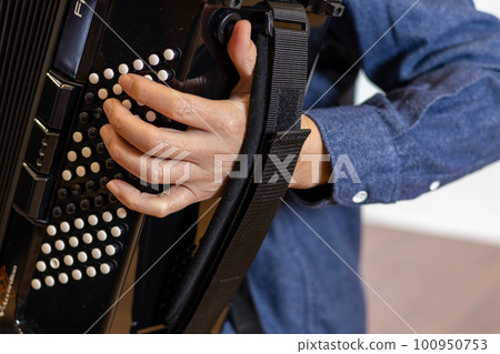 演奏彩色按鈕手風琴的男人的手 演奏彩色按鈕手風琴的男人的手 100950753