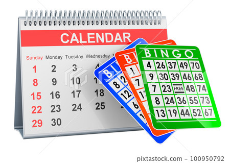 Bingo cards with desk calendar, 3D rendering Bingo cards with desk calendar, 3D rendering 100950792