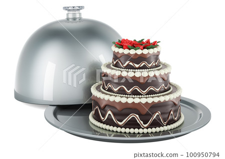 Restaurant cloche with Chocolate Birthday Cake, 3D rendering 100950794