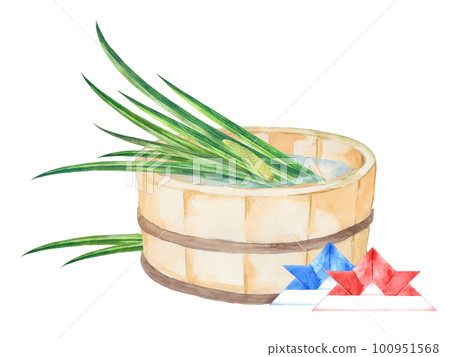 Watercolor painting of iris leaves in a tub and an origami helmet 100951568