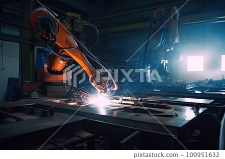 Robotic arm works on welding. Conveyor line at factory. Automatic welding. Created with Generative AI 100951632