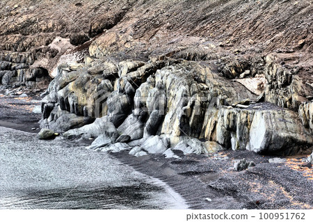 Fossilized dinosaurs. The shore of the Barents sea and abrasion. Arctic 100951762