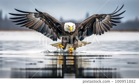Front view of a bald eagle striking the surface of a lake, claws first, made with generative ai 100951882