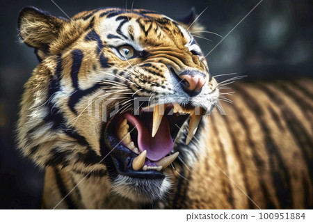 Portrait of a tiger with aberrantly large fangs almost like a saber-toothed tiger with an aggressive gaze and an open mouth, made with generative ai 100951884