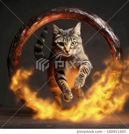 Front view of a domestic cat jumping through a ring of fire, made with generative ai 100951885