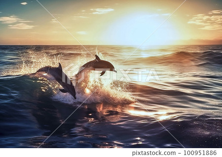 Looking up at the sun over the ocean where dolphins are jumping over the waves, made with generative ai 100951886