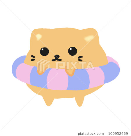 Hand-drawn Cute White Cat with purple, pink rubber ring in doodle style 100952469