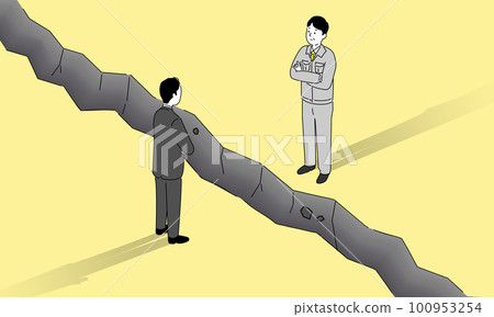 Two men standing on a cliff, conflict conceptual image, sales and technical jobs, blogging illustration, vector 100953254