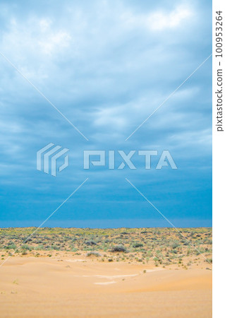 Bright blue cloudy sky over the yellow desert of Kyzylkum Kazakhstan. Rainy weather in the desert. Beautiful landscape of the desert of Central Asia 100953264