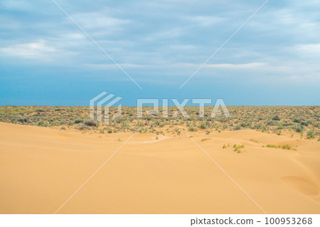 Bright blue cloudy sky over the yellow desert of Kyzylkum Kazakhstan. Rainy weather in the desert. Beautiful landscape of the desert of Central Asia 100953268