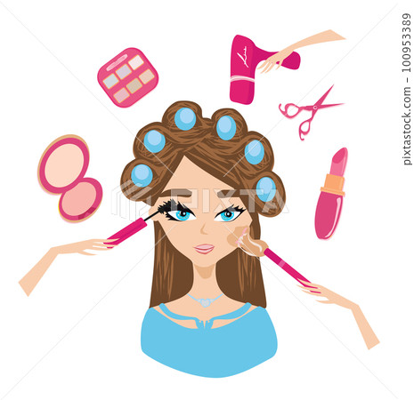 beautiful girl at the stylist, hairdresser and makeup artist set beautiful girl at the stylist, hairdresser and makeup artist set 100953389