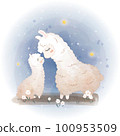 Baby shower cards. Cute llama, alpaca mother in flowers,  Vector lama mom and baby 100953509