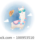 Hello Summer card. Cute Llama design floating in the sky. 100953510