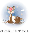 Cute deer and little bunny with flowers, floral wreath 100953511