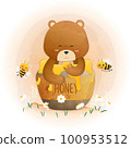 Cute Bear holding honey jar and bees flying around 100953512