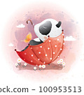 Cute Panda in the spring umbrella watercolor  100953513