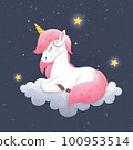 Cute Unicorn sleep on cloud night background. 100953514