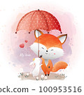 Watercolor illustration of cute foxes with a rabbit. Friends are Open an umbrella. 100953516