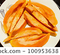 Papaya slices in a dish. With Black Backgrround. 100953638