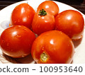 Fresh tomatoes in a plate on a dark background. Harvesting tomatoes. Top view 100953640