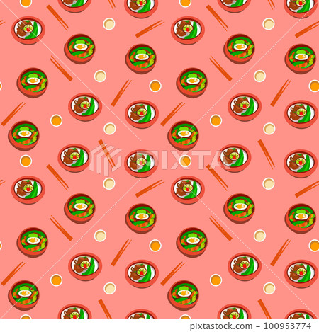 Asian food seamless pattern. Japanese fast food, noodles, rice, ramen, shrimp, fish and sushi. Delicious background. Perfect for printing, textiles, wrapping paper. Hand drawn vector illustration 100953774
