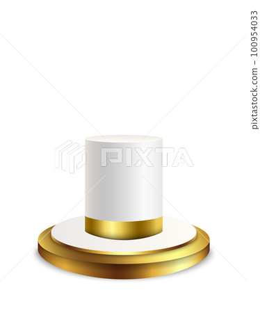 White and gold luxury geometric pedestal for product display or promotion. Vector abstract studio with 3d platform design. Minimal stage, showcase, advertising display. White and gold luxury geometric pedestal for product display or promotion. Vector abstract studio with 3d platform design. Minimal stage, showcase, advertising display. 100954033